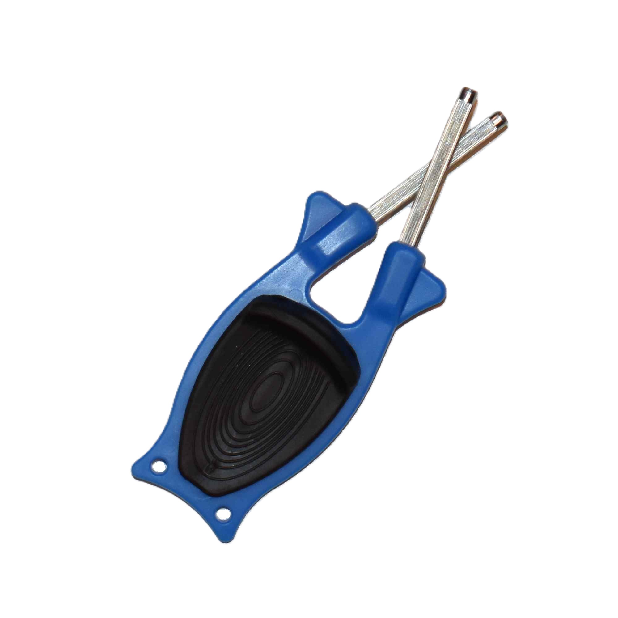 USA-made blue and black Block Knife Sharpener with flexible steel honing rods for heavy chef knives and kitchen cutlery.
