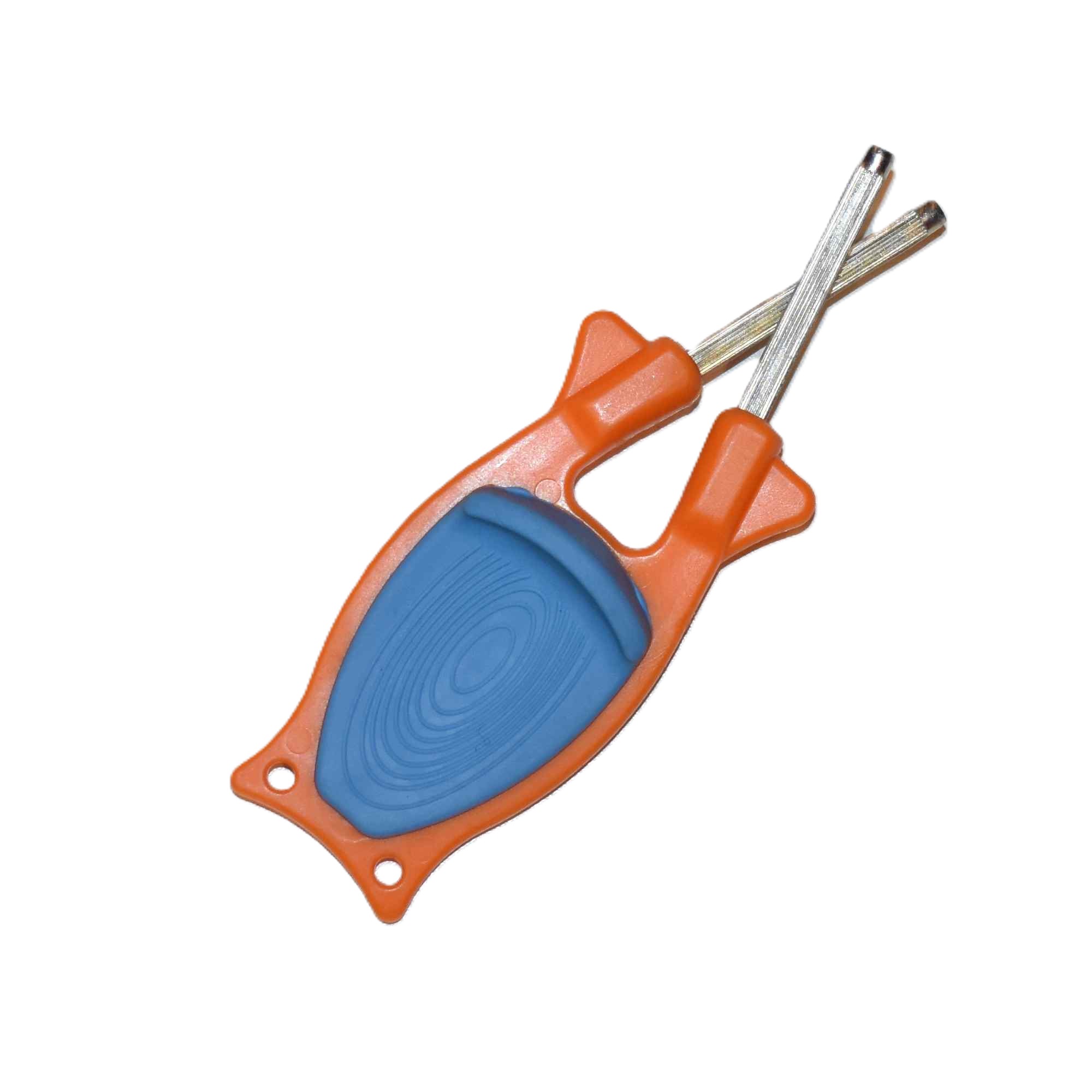 USA-made safety orange and blue manual Block Knife Sharpener with flexible steel rods for outdoor hunting knives and pocketknives.