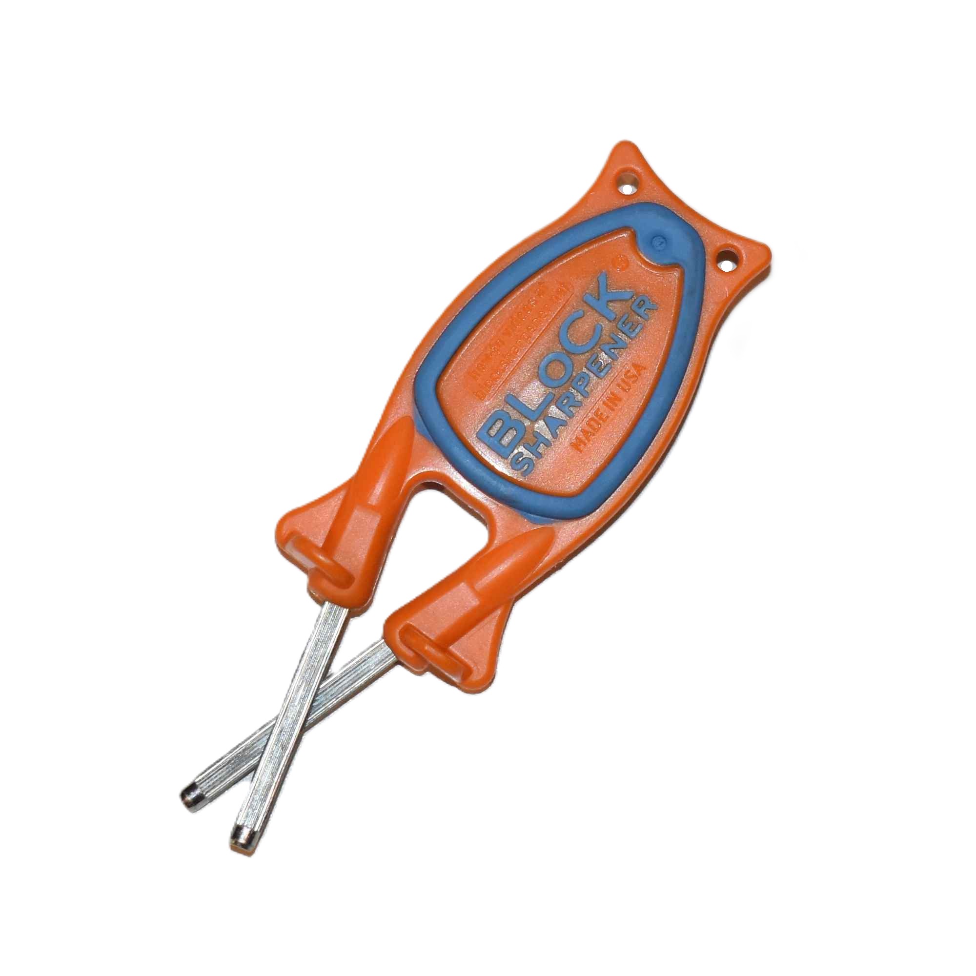 Bottom side view of the orange Block hunting knife sharpener handle showing the blue non-slip rubber grip base.