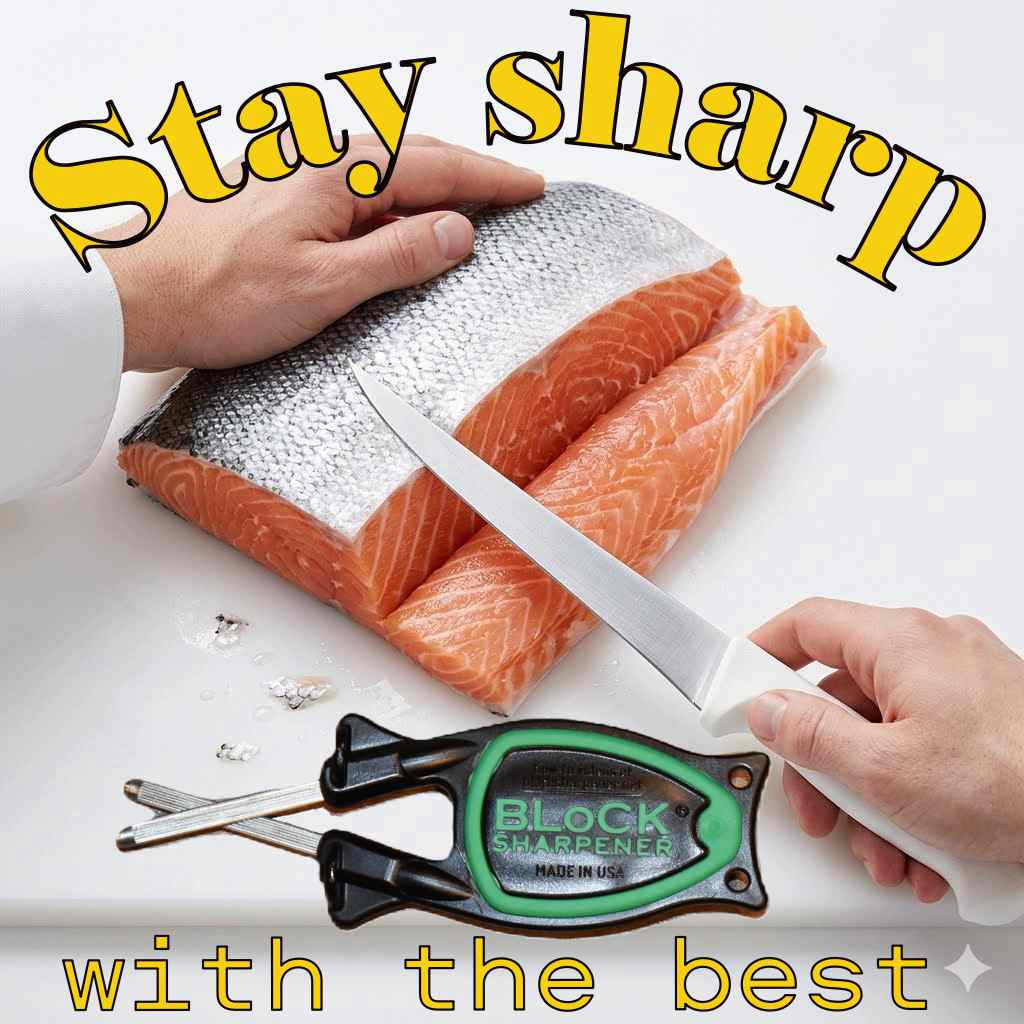 Salom being Fillet with a Fillet knife sharpened with a Black and green Block knife sharpener