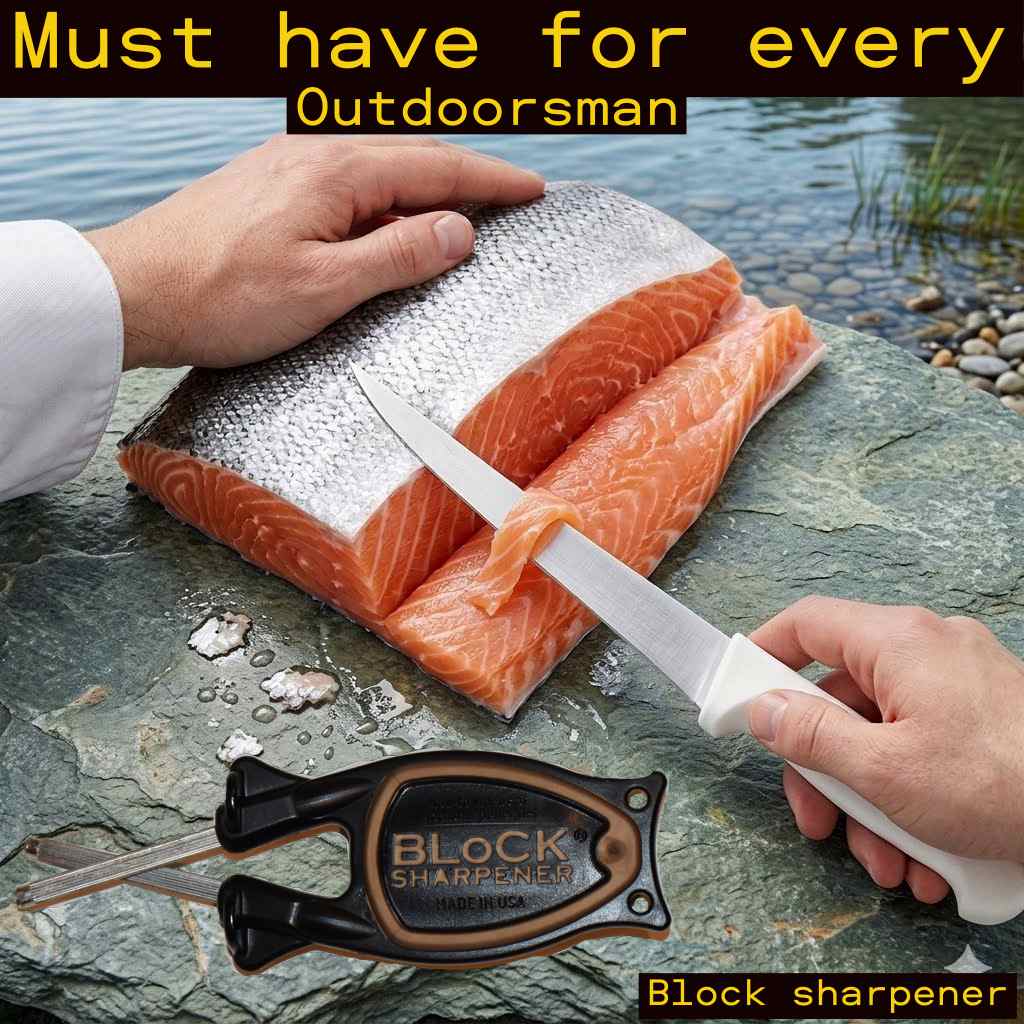 Salmon being fileted with a sharp fillet knife with a Black and gold Block sharpener