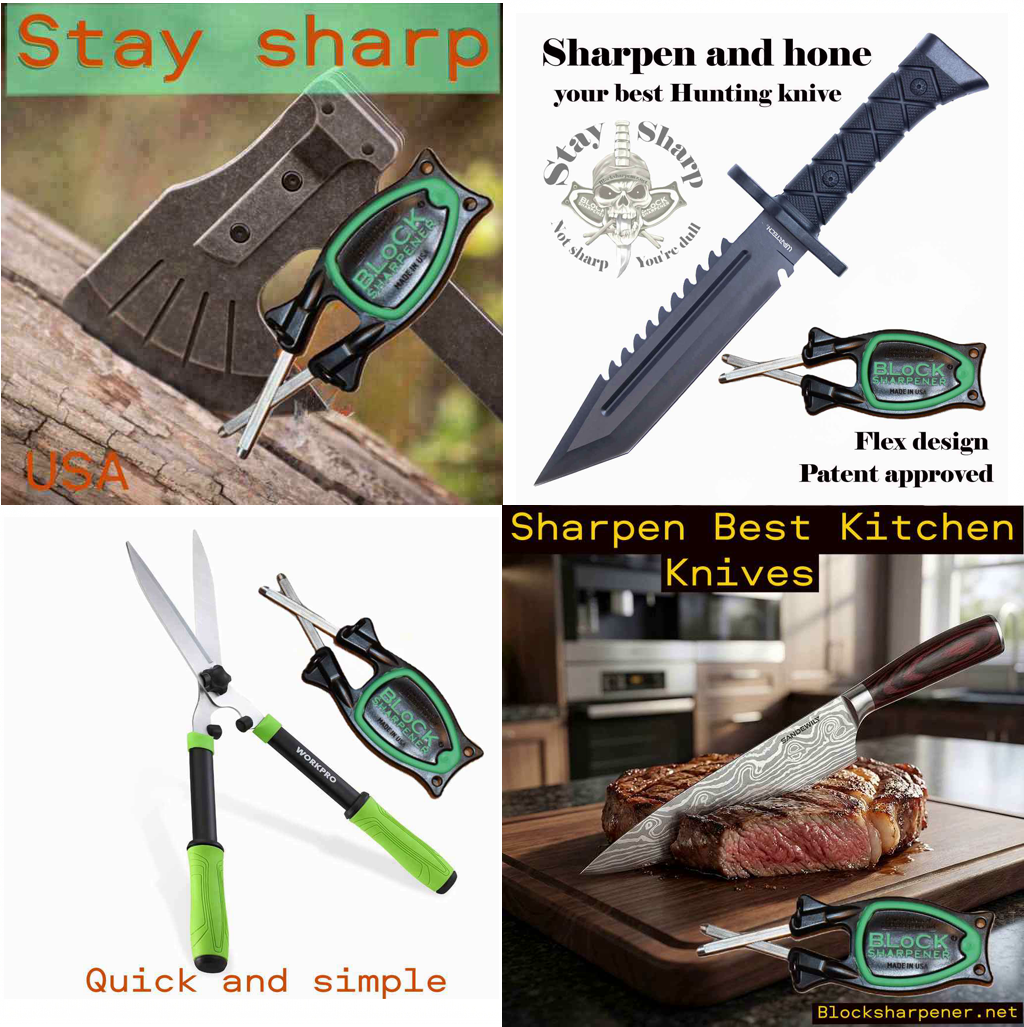 Multi-image split collage showing the portable Block sharpener tool actively sharpening a kitchen chef cutlery blade, a rugged outdoor camping machete hatchet, and steel gardening clippers shears.