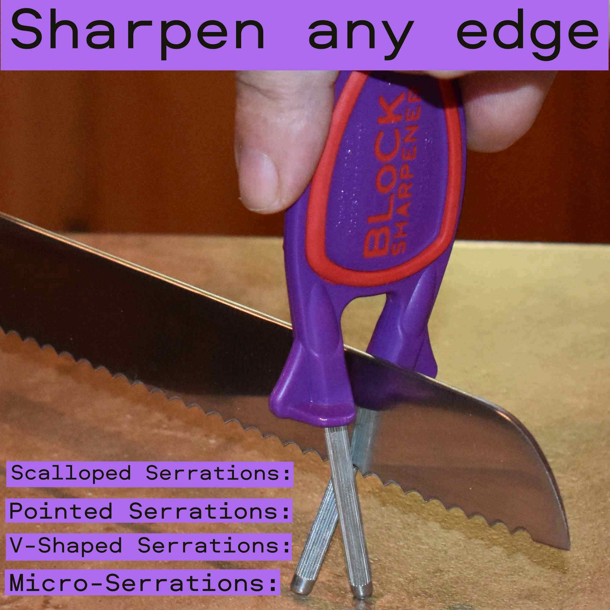 Purple with red grip Block sharpener sharpening serrated edge bread knife
