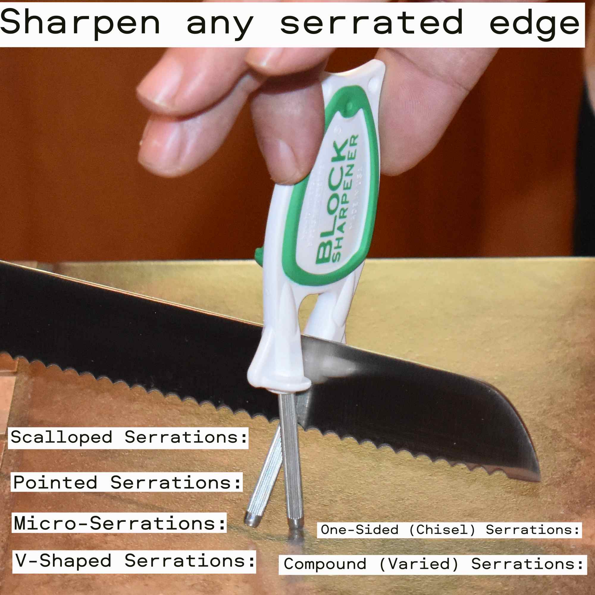 Sharpening serrated bread knife with a Block sharpener.