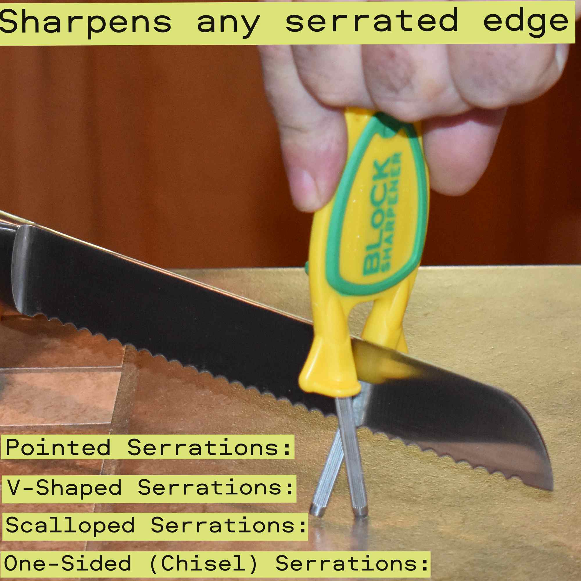 Handheld culinary school knife sharpener realigning the teeth of a serrated bread knife without stripping the steel.