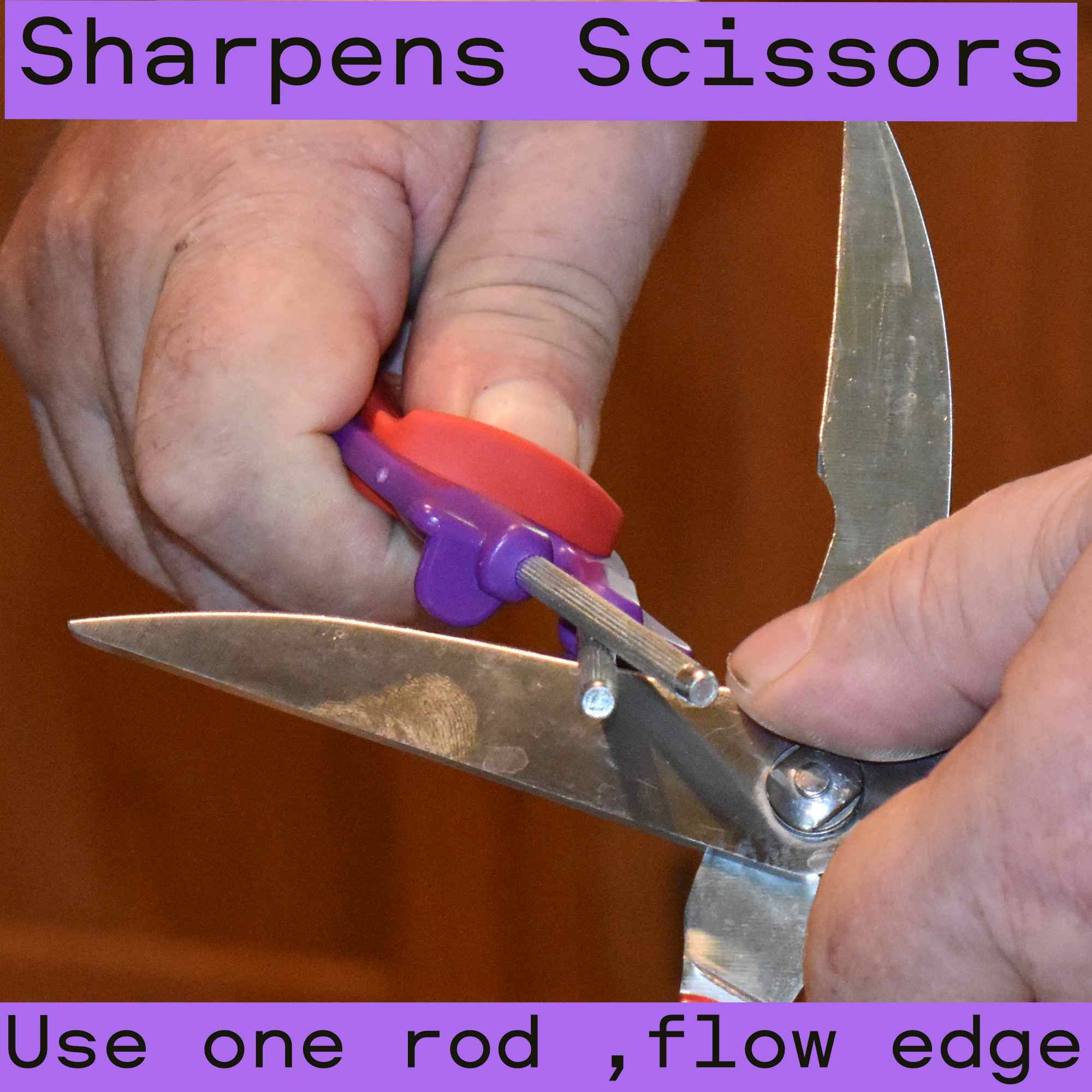 handheld Purple with red grip block sharpener sharpening meat scissors