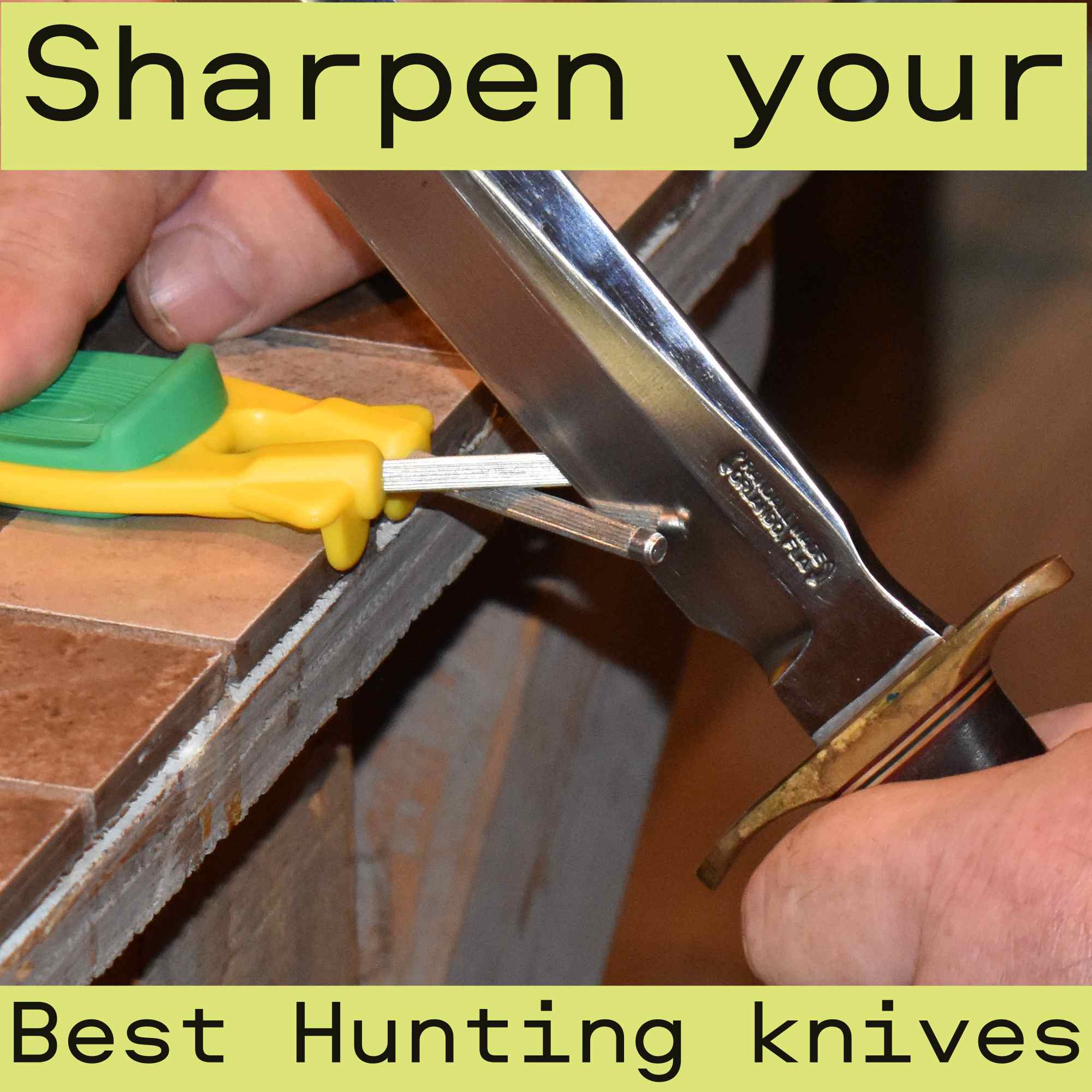 Sharpening Randall Hunting knife with a Yellow with green grip Block sharpener.