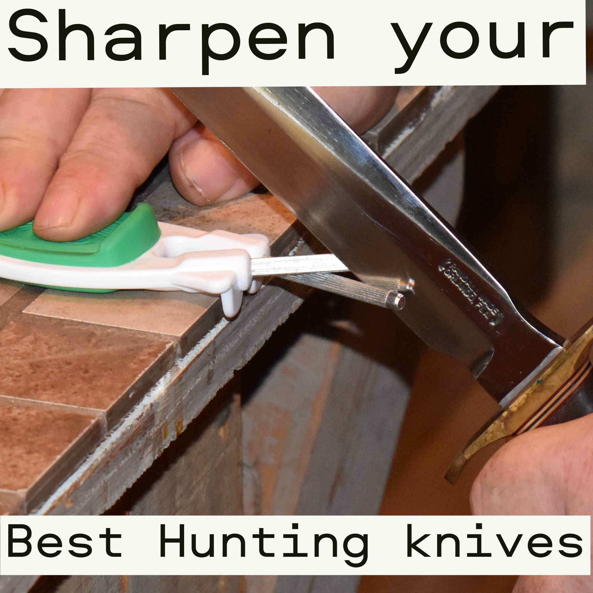 Sharpening a Randall knife with a white handle and green grip using a Block sharpener.