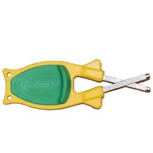 Culinary school knife sharpener in high-visibility yellow with a green non-slip grip