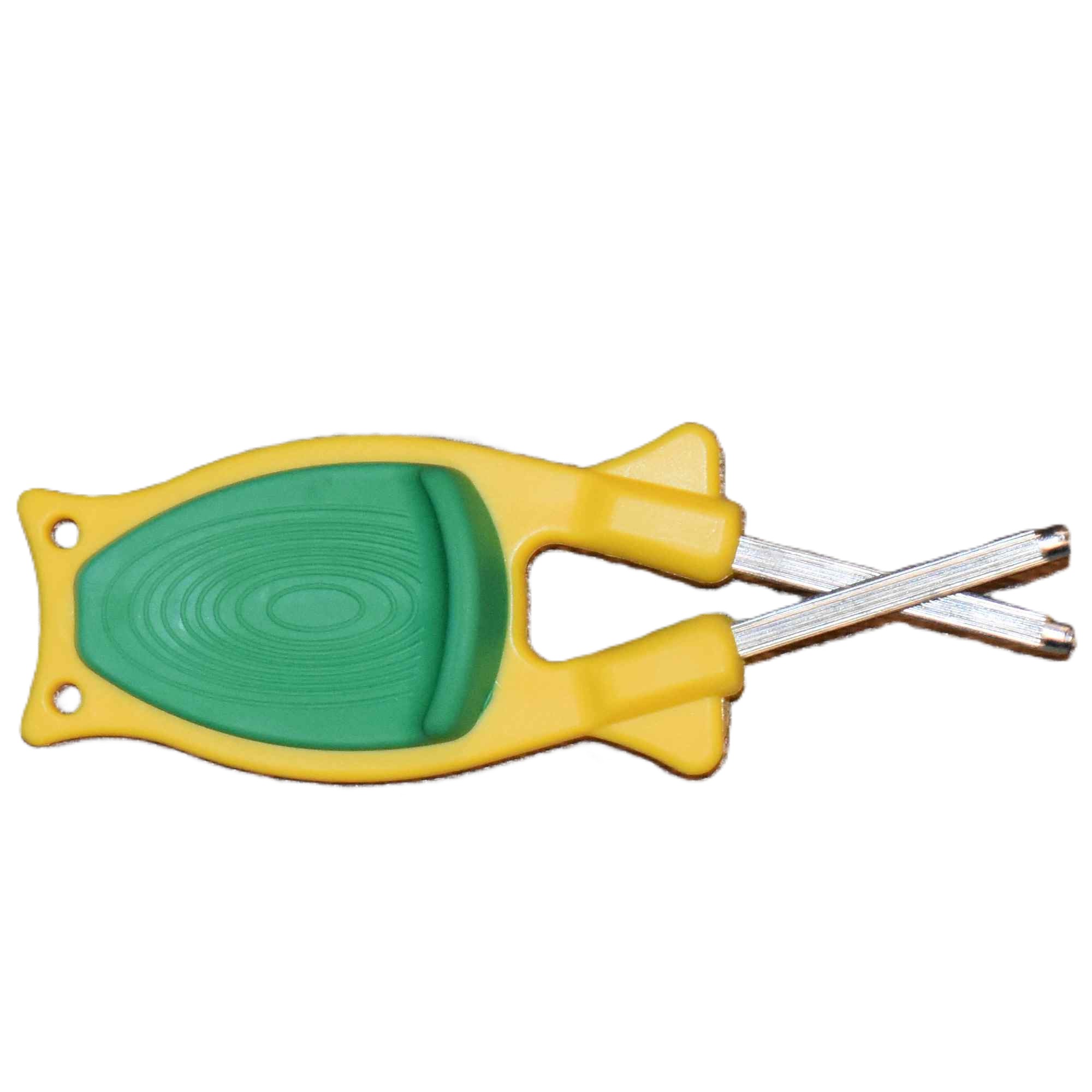 Culinary school knife sharpener in high-visibility yellow with a green non-slip grip