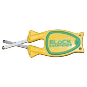 Culinary school knife sharpener in high-visibility yellow with a green non-slip grip on a white background.