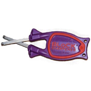 Best purple handheld knife sharpener with a red grip, made by Block.