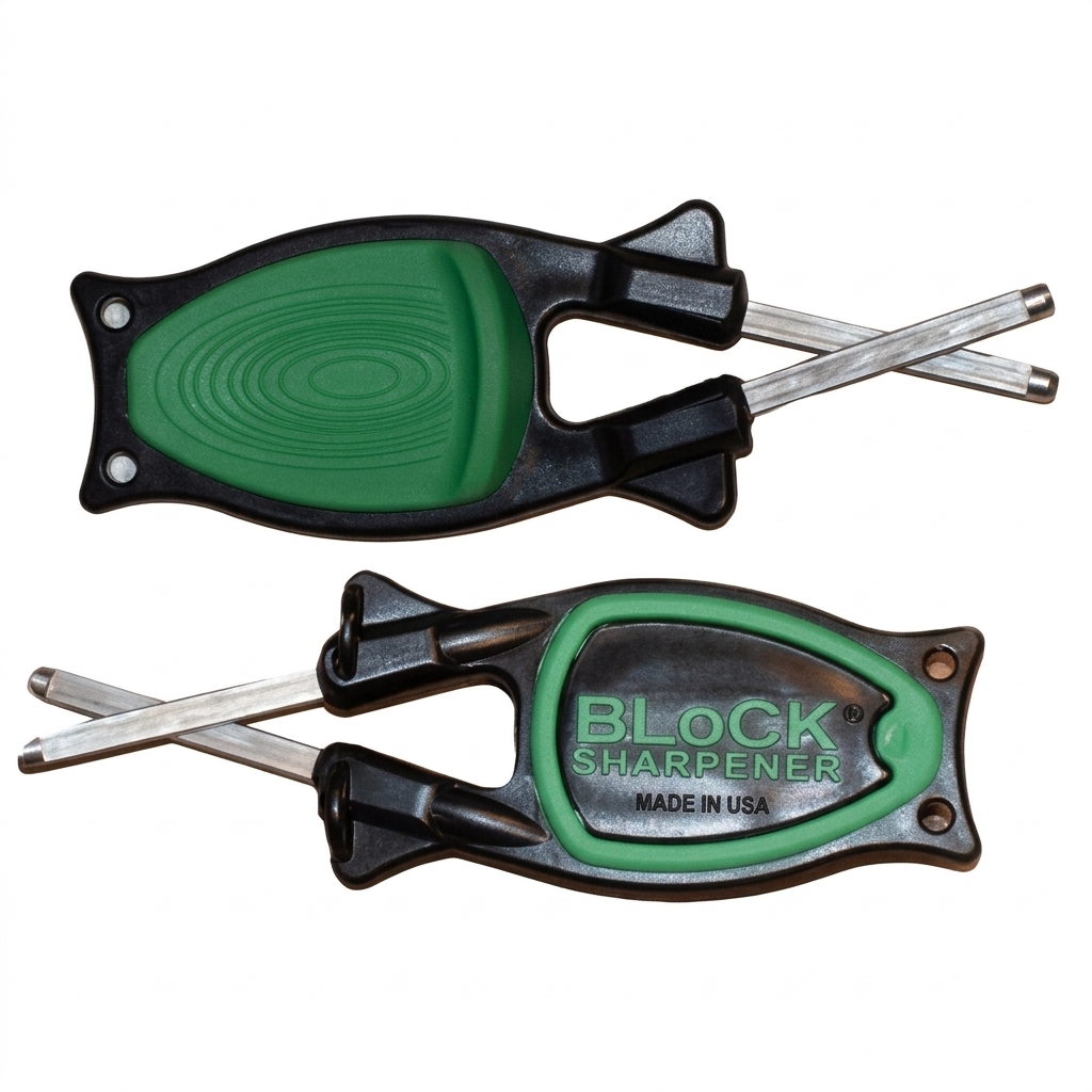Black handle Block sharpeners topside green nonslip grip thumb grip Bottom side with name showing