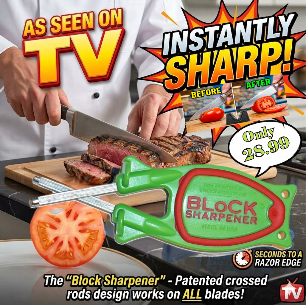 As Seen on TV advertisement graphic for the patented green Block Sharpener with red grip, showcasing a chef slicing a steak, a razor-sharp sliced tomato, and a before and after tomato slicing demonstration