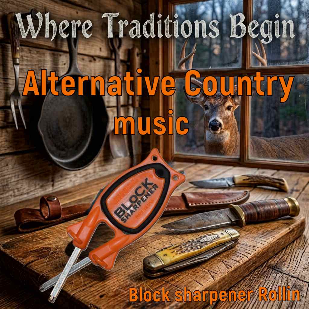 An orange handheld Block Sharpener rests on a rustic wooden cutting board alongside three traditional pocketknives and their leather sheaths inside a log cabin. In the background, a white-tailed deer buck peers through a window, with the bold graphic text "Where Traditions Begin," "Alternative Country music," and "Block sharpener Rollin" overlaid across the scene.