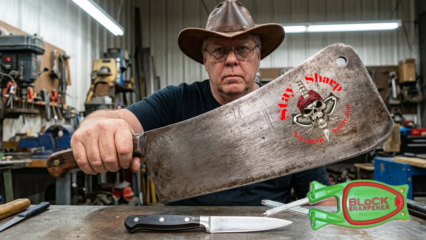 Paul Block in a workshop holding a massive vintage meat cleaver next to the green and red Block Premium Handheld Kitchen Knife Sharpener.