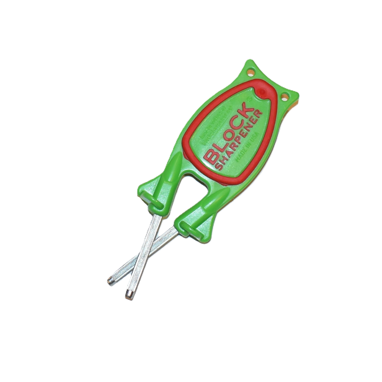 Bottom side view of the green Block Sharpener with red non-slip rubber grip pads showing the durable under-chassis design.
