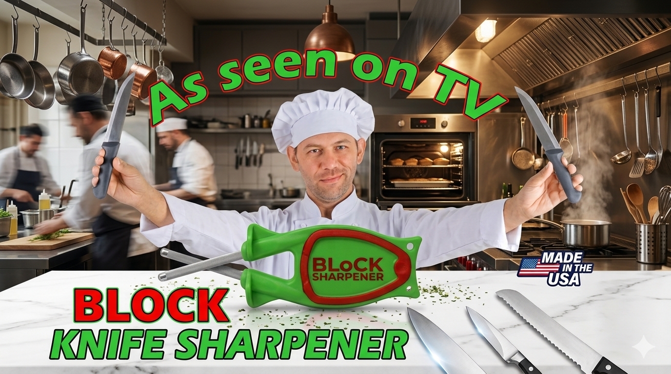 Block manual knife sharpener as seen on TV presentation banner featuring a chef in a restaurant kitchen environment holding kitchen knives
