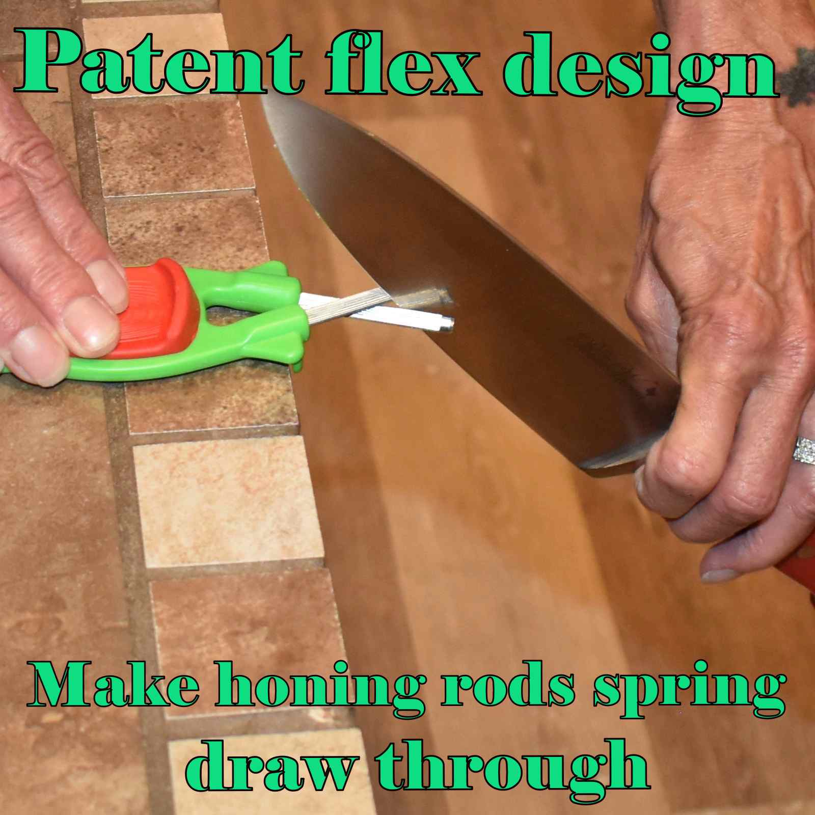 Butcher knife being sharpen on a Green and red grip Block sharpener in a kitchen.