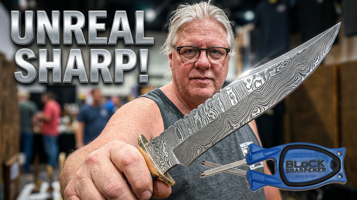 Paul Block holding a massive custom Damascus Bowie knife alongside a blue Block sharpener with Unreal Sharp text overlay
