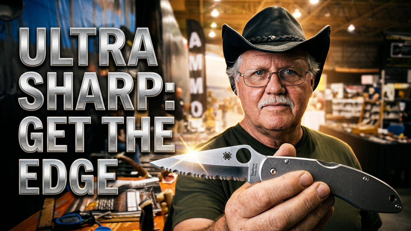 Paul Block holding Spyder co knife in a fitting stand with a red Block sharpener buy his hand.