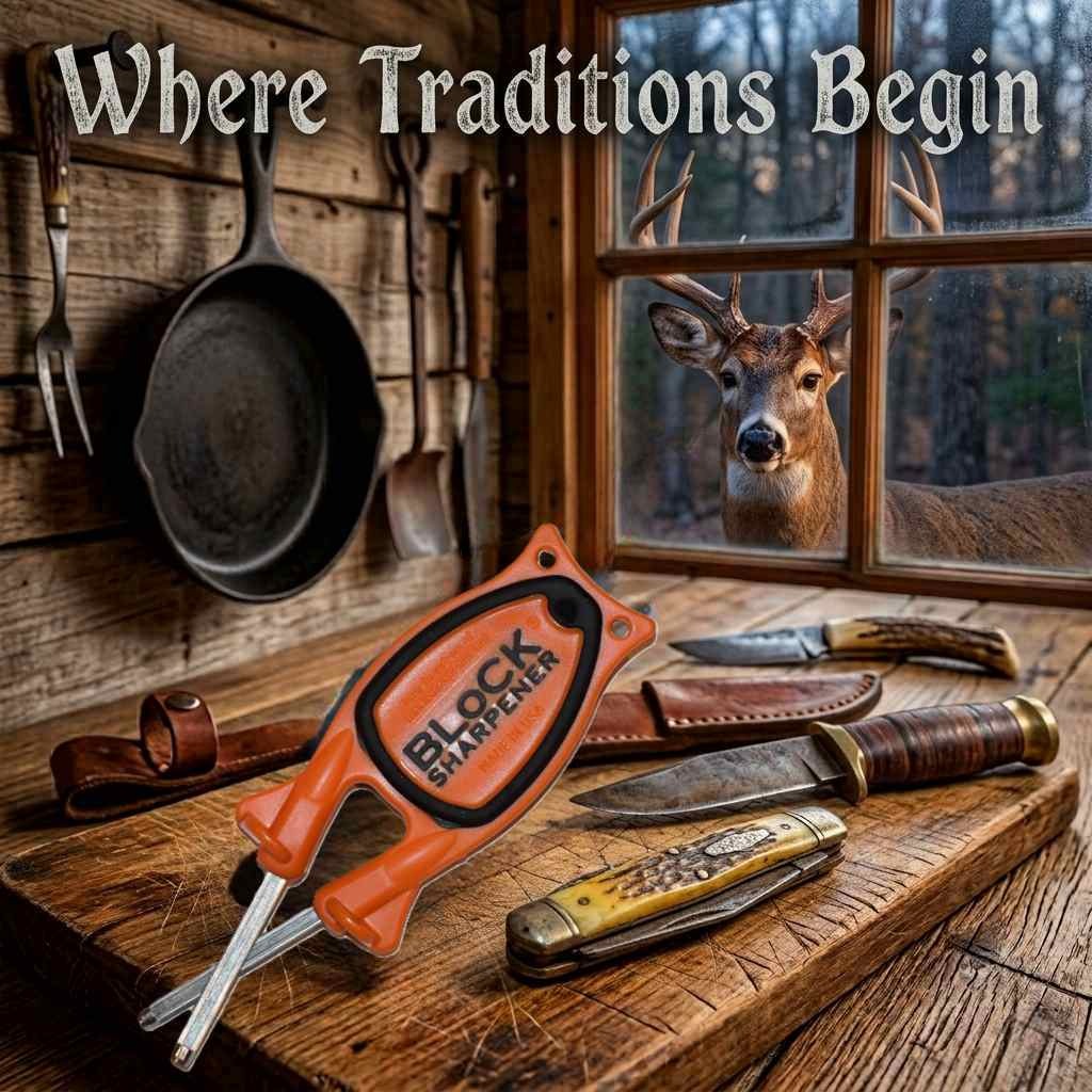 rustic cabon kitchen with a Block sharpener on the table with old pocketknives and hunting knives. Block sharpener rolling song