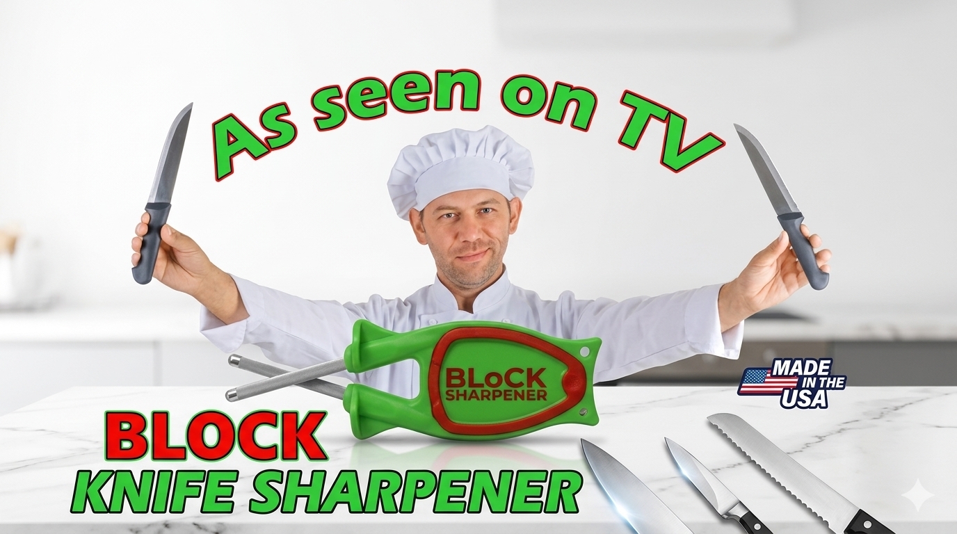 Alt Text:A male chef in a uniform holding kitchen knives next to an As Seen on TV Block Sharpener with green handle and red grip on a marble counter.