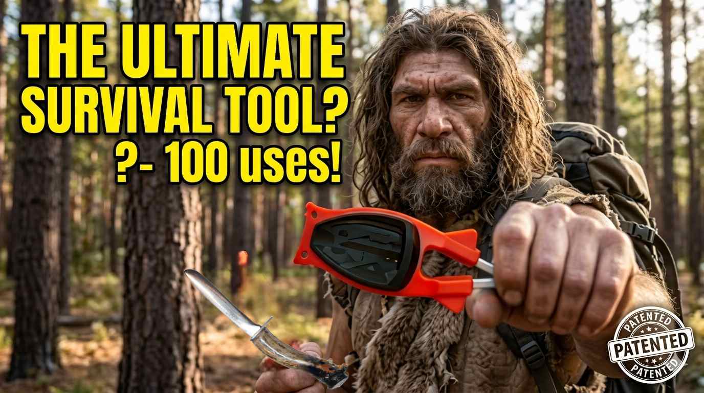 Block's portable knife sharpener red survival tool presentation thumbnail featuring a rugged outdoorsman in a pine forest