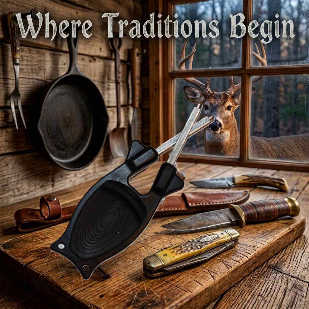 Where traditions begin, a black block sharpener sits in a rustic cabin kitchen on a wooden table alongside pocket knives and hunting knives, while a big buck deer gazes through the window.