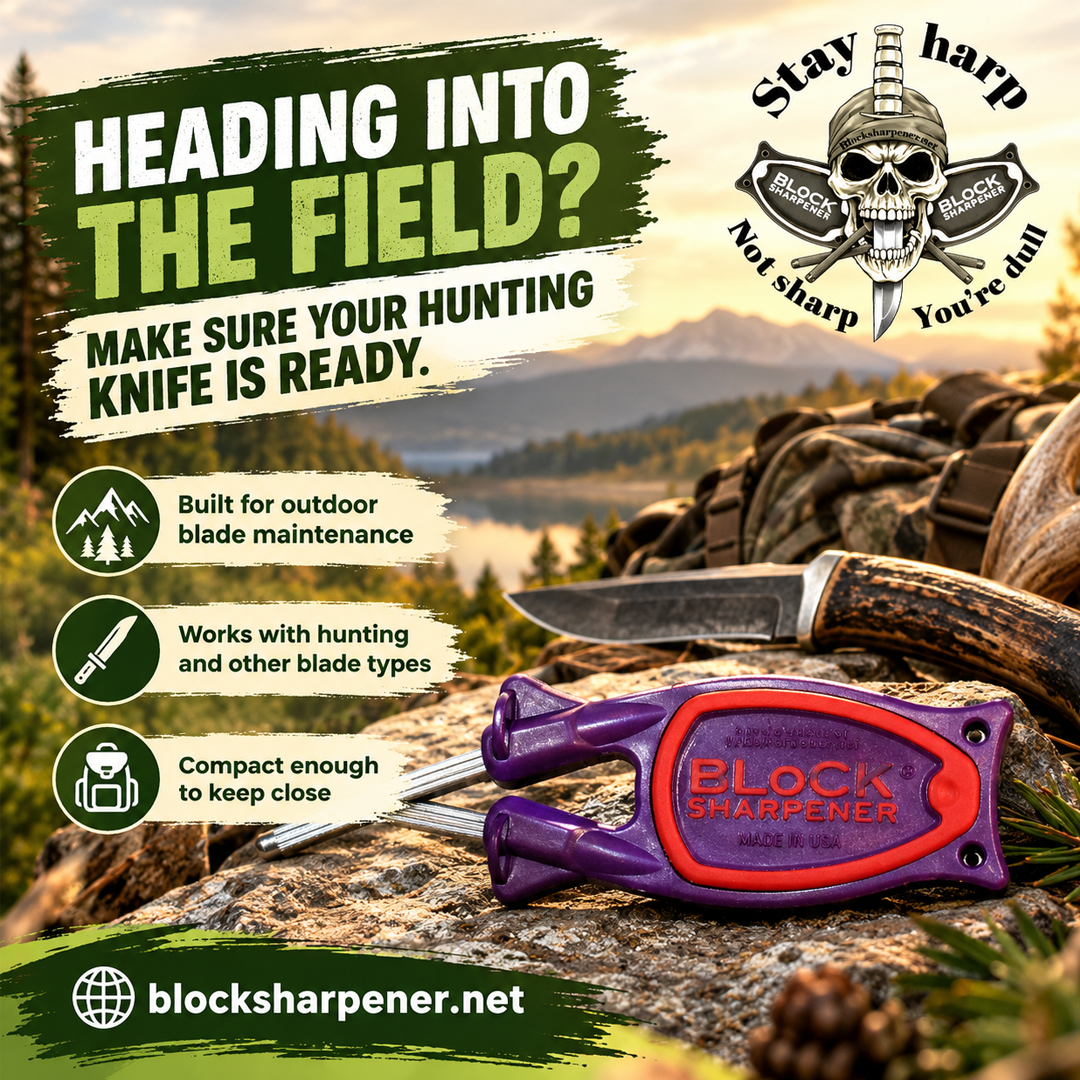 Block tactical knife sharpener purple with red grip on a rock in a hunting field scene