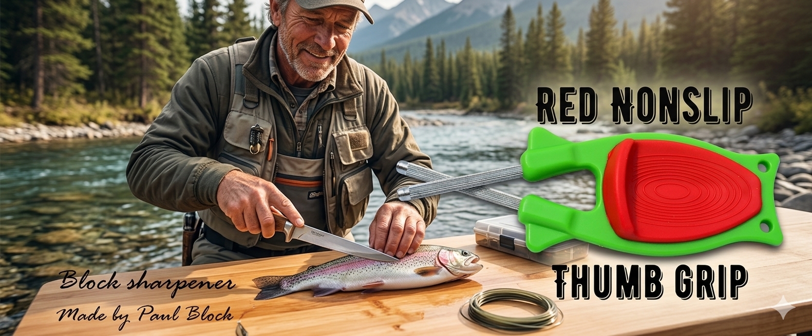 Block sharpener with green handle and red non-slip thumb grip shown next to a fisherman filleting a fresh trout by a river.