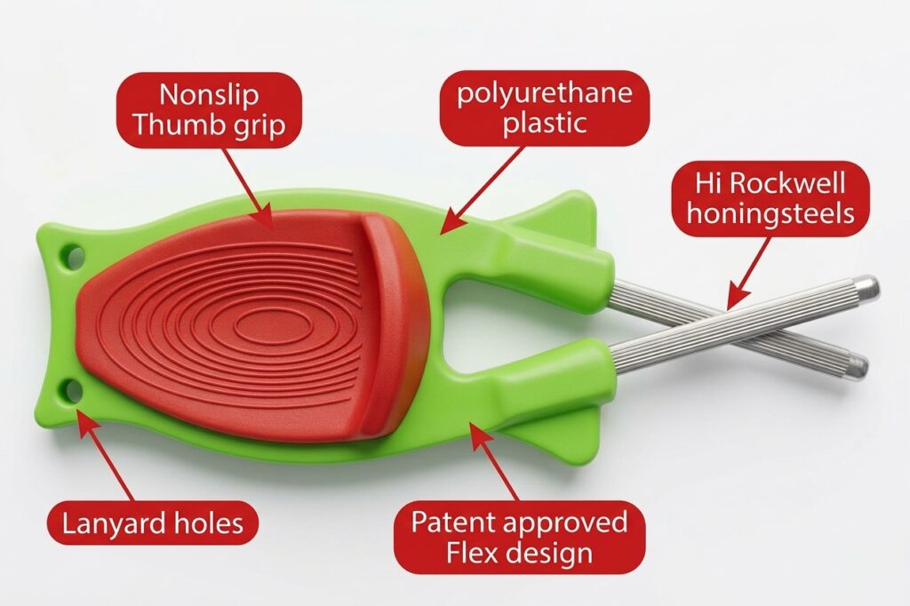 Product diagram of the green and red Block Knife Sharpener on a clean studio background, with callout labels highlighting the patent flex design rods, non-slip grip insert, countertop bumpers, and the curved thumb dip guide.