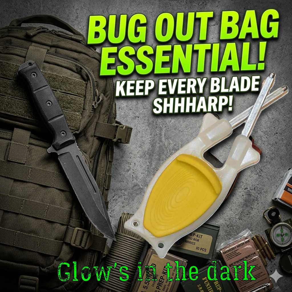 "Glow-in-the-dark tactical handheld knife sharpener next to a survival knife and military bug-out bag."