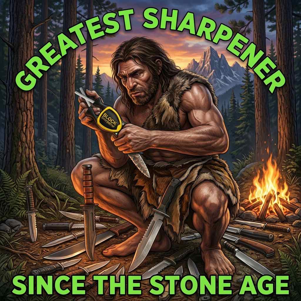 "Caveman sharpening a stone blade with a black and gold Block knife sharpener in a prehistoric forest camp setting."