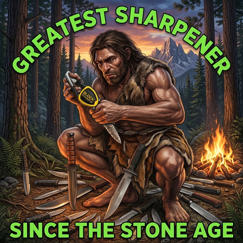 A realistic illustration of a caveman in a dense forest crouching near a campfire, using a yellow and black Block Knife Sharpener on a blade, surrounded by various modern hunting knives and a Ka-Bar style knife on the ground with a distant mountain range backdrop.