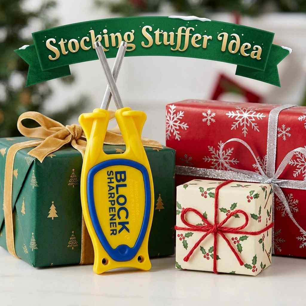 Yellow and black Block Knife Sharpener standing upright next to wrapped holiday gifts with a green banner that reads 