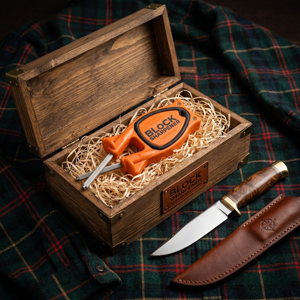 Orange Block Knife Sharpener inside a rustic wooden gift box filled with wood shavings, resting next to a premium fixed-blade hunting knife, leather sheath, and plaid flannel cloth.