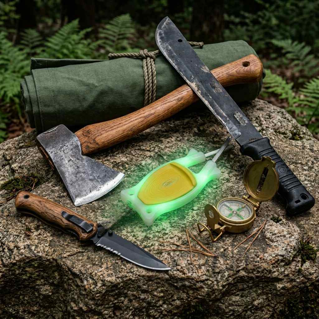 Translucent glow-in-the-dark Block sharpener with yellow non-slip grip on a forest rock alongside a tactical machete, camp hatchet, folding pocket knife, canvas roll, and open brass compass.