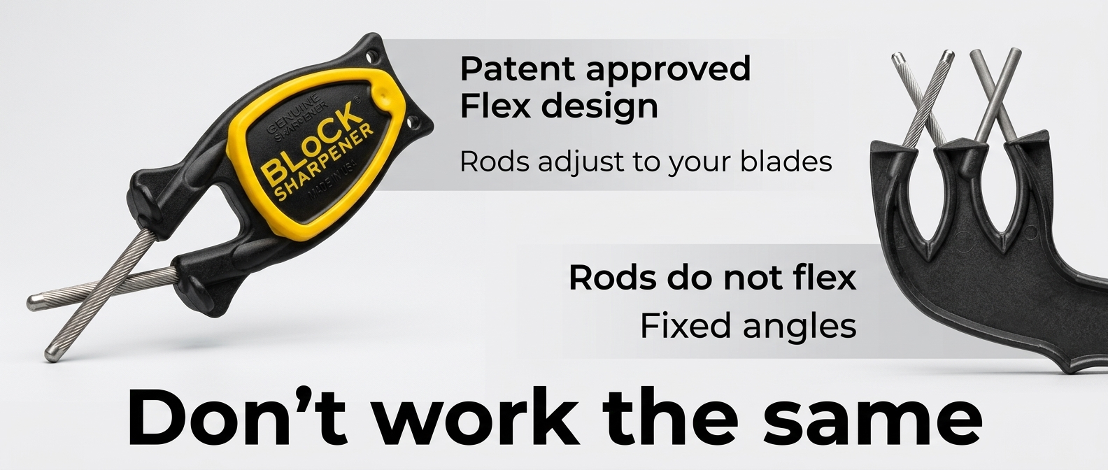 Comparison showing the patented Block sharpener adaptive flex design versus rigid fixed angle pull through sharpeners