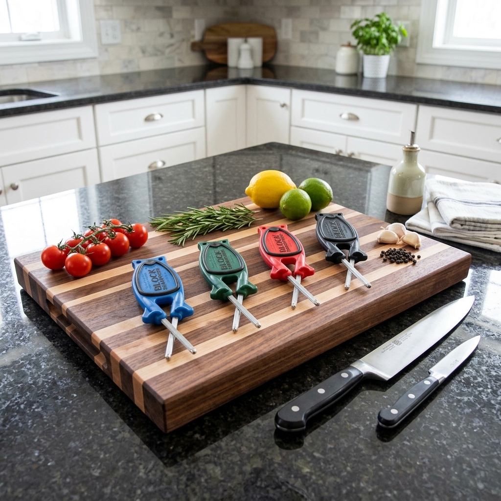 Multiple colorful Block knife sharpeners displayed on a butcher block cutting board with kitchen knives and fresh cooking ingredients