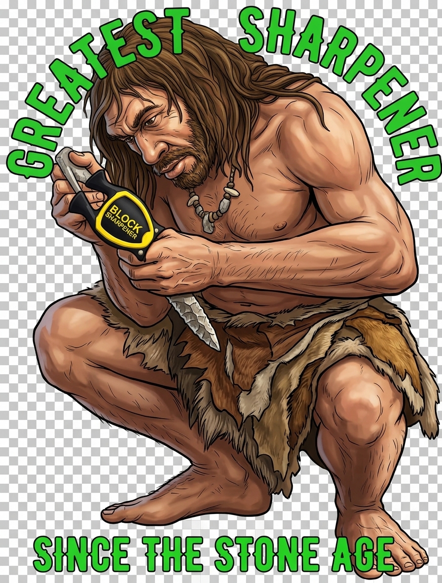 Block manual knife sharpener cartoon featuring a caveman sharpening a stone blade dagger