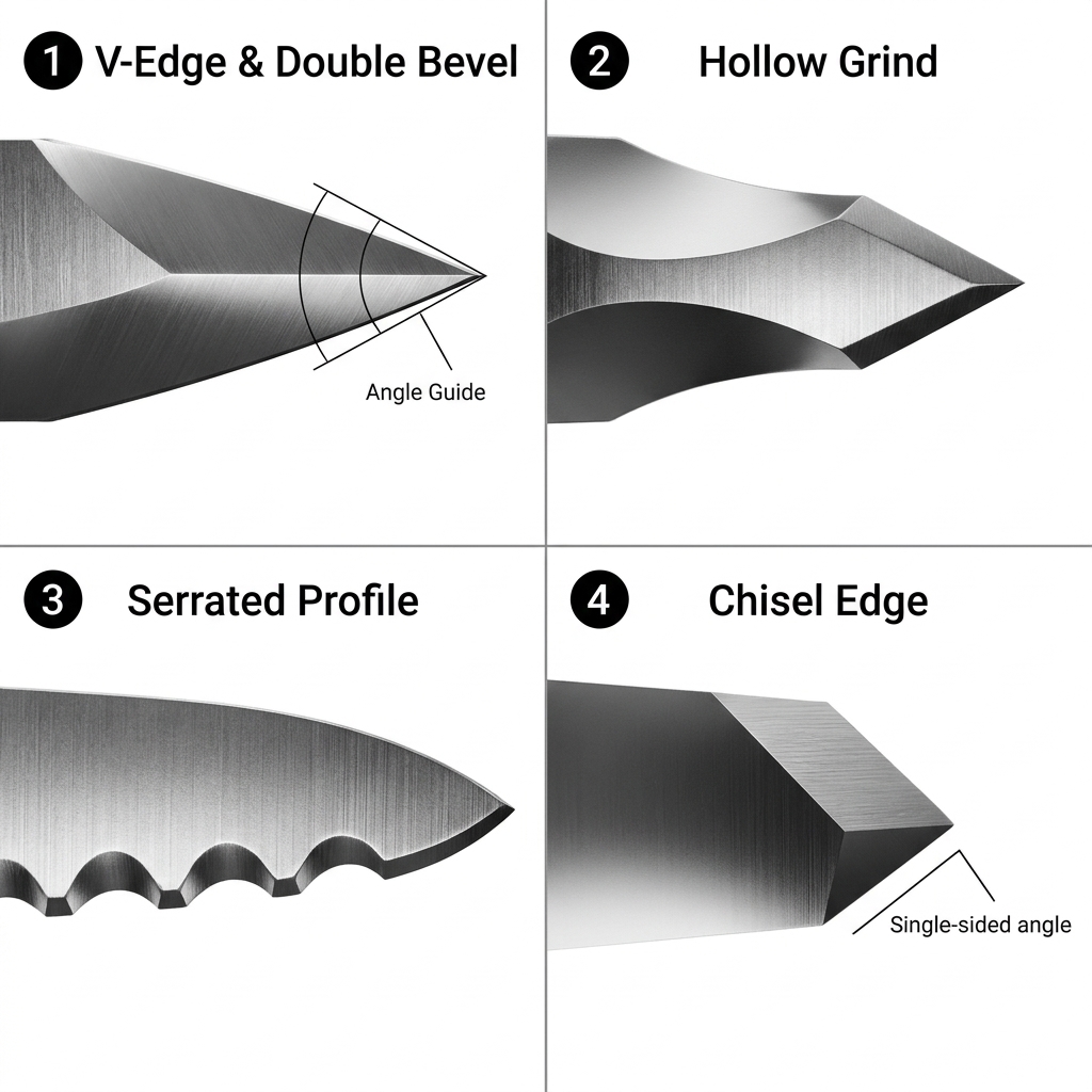 A four-panel technical diagram illustrating knife blade profiles: V-Edge, Hollow Grind, Serrated Profile, and Chisel Edge bevel styles.