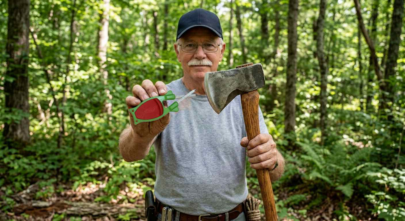 "Paul Block holding a wood-handled camp hatchet next to an orange and black manual handheld sharpener in a lush green forest setting."
