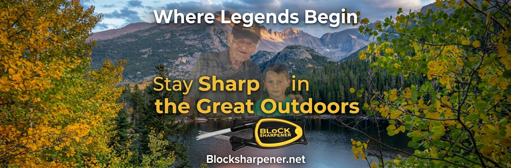 A professional outdoor website banner featuring a historical portrait of a father and son blended into a scenic Capac, Michigan style mountain lake landscape, showcasing a modern yellow Block Knife Sharpener with historical text overlays.
