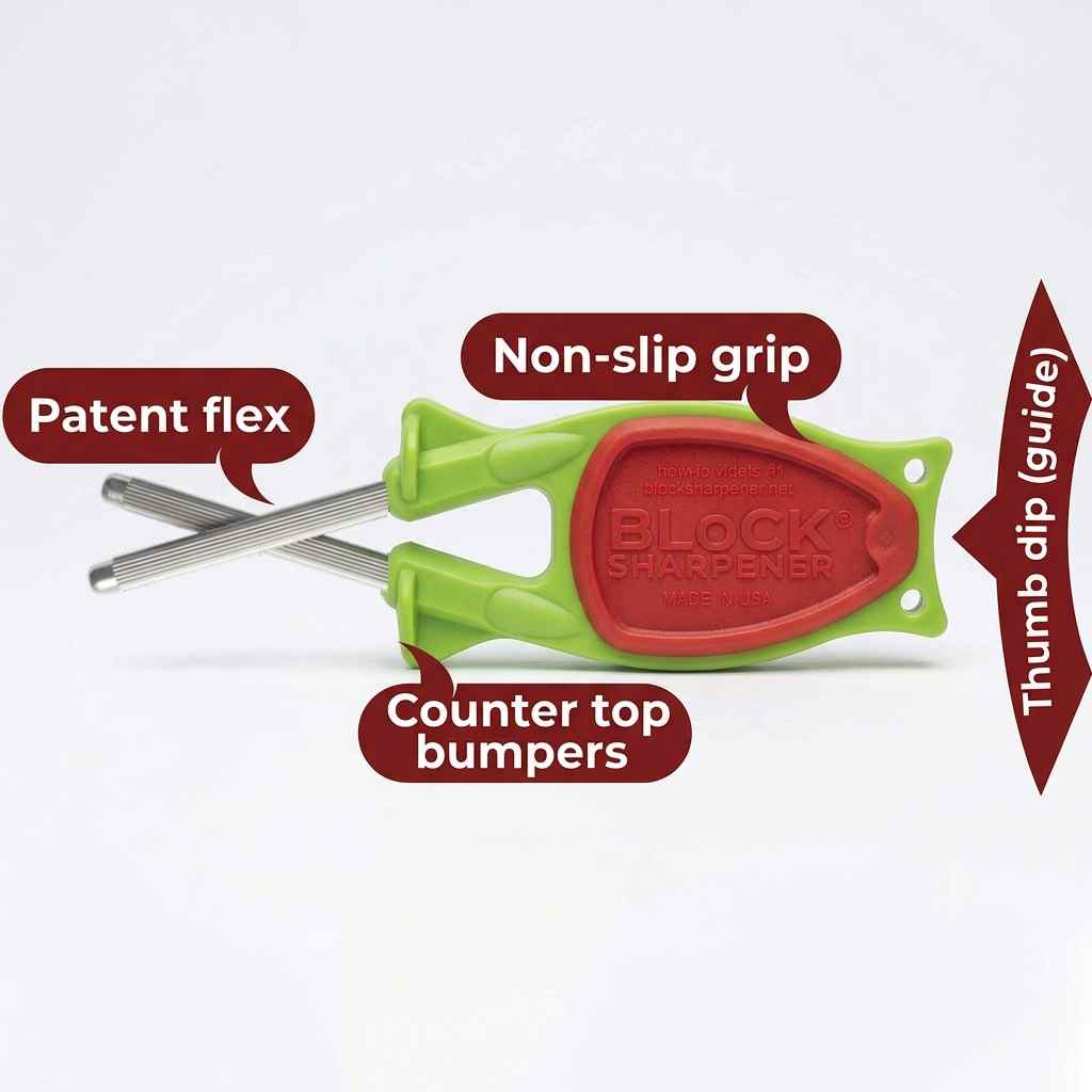 Top side or a green with red nonslip thumb grip handheld Block sharpener
