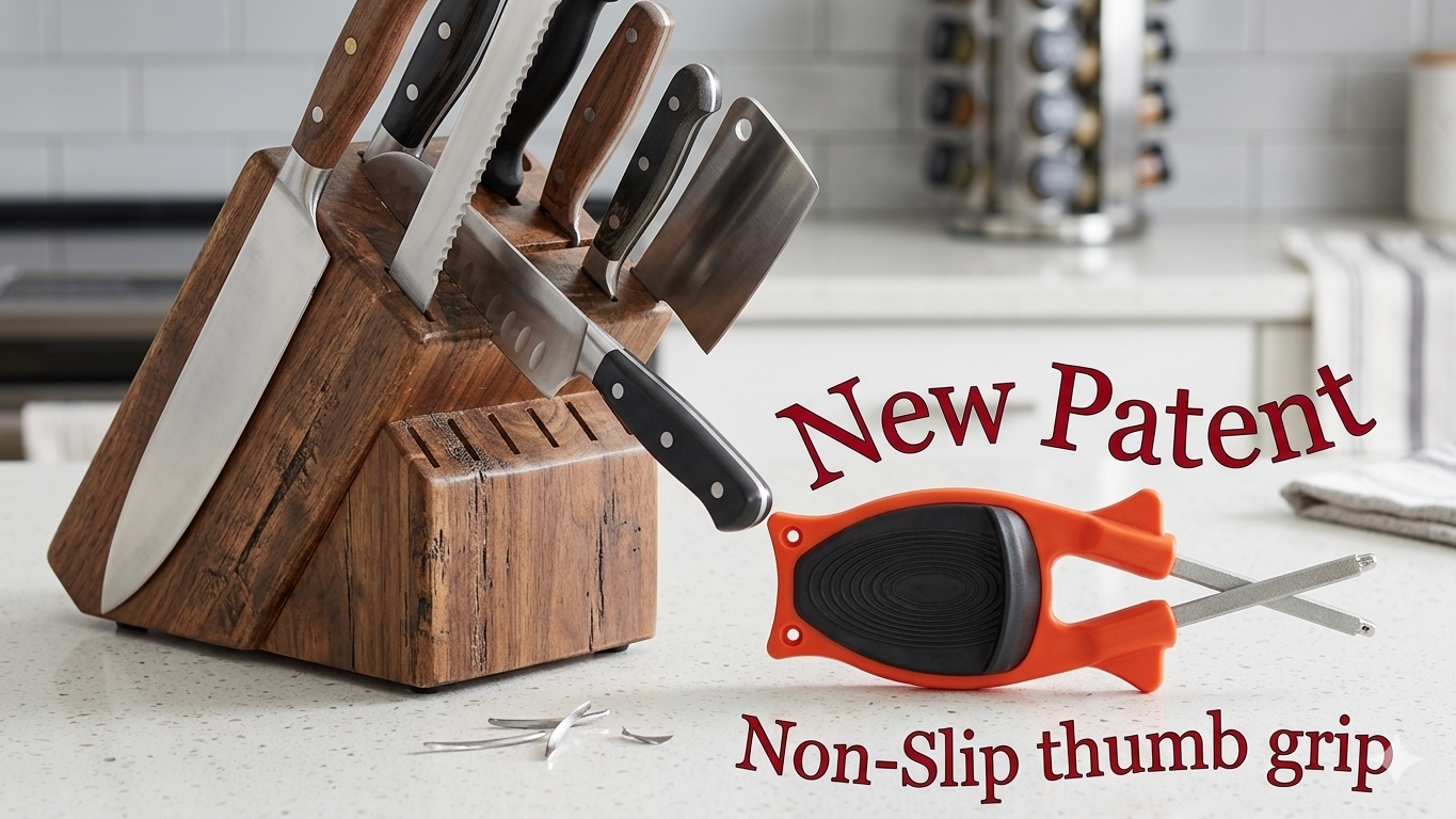 Block sharpener with red and black non-slip thumb grip shown next to a wooden kitchen knife block with a chef knife, cleaver, and serrated bread blade.