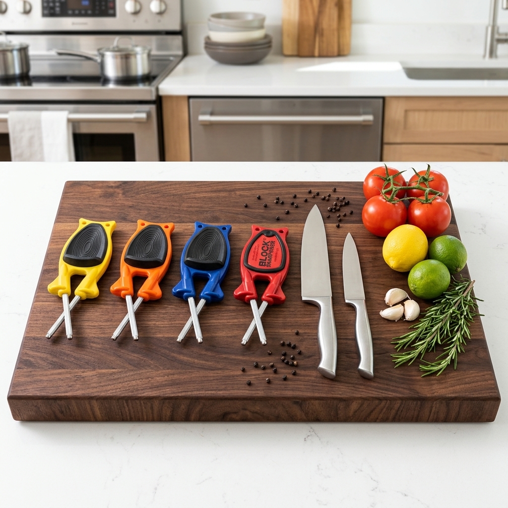 A collection of authentic Block Knife Sharpeners in yellow, orange, blue, and red showcasing their crossed silver honing rods on a wooden cutting board with kitchen knives, fresh tomatoes, lemons, and rosemary.