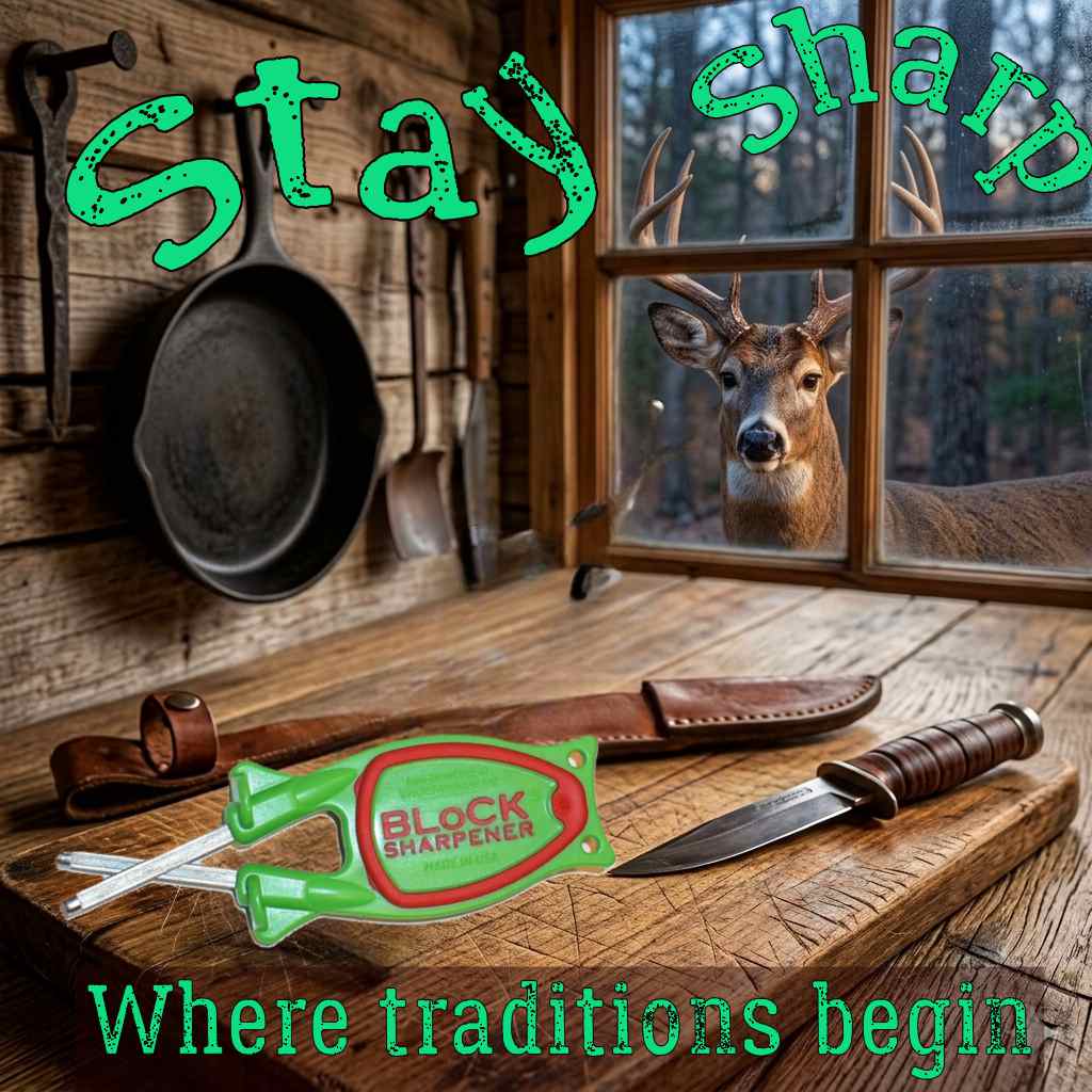 Green with red grip Block sharpener in rustic cabin, hunting knife on table, dear looking in window.
