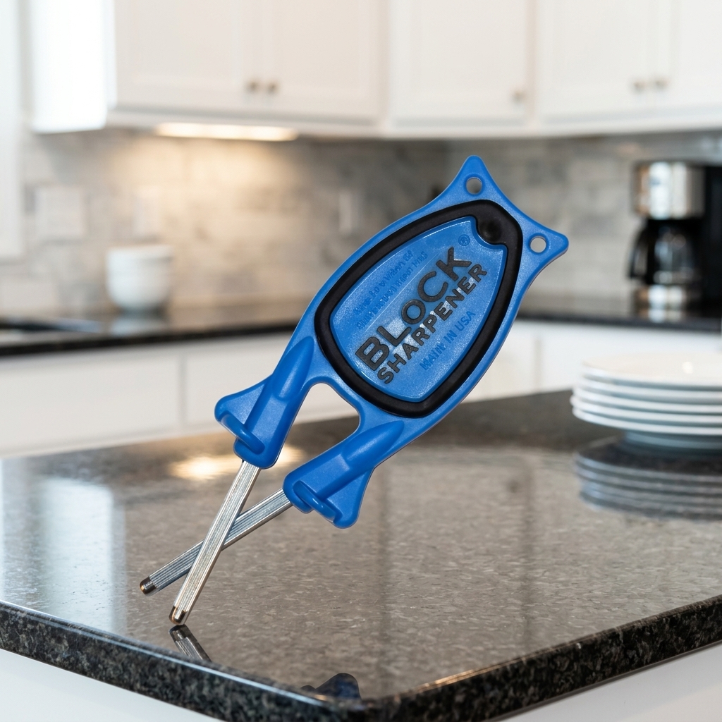 Blue Block Knife Sharpener on kitchen granite countertop - Best home knife sharpener
