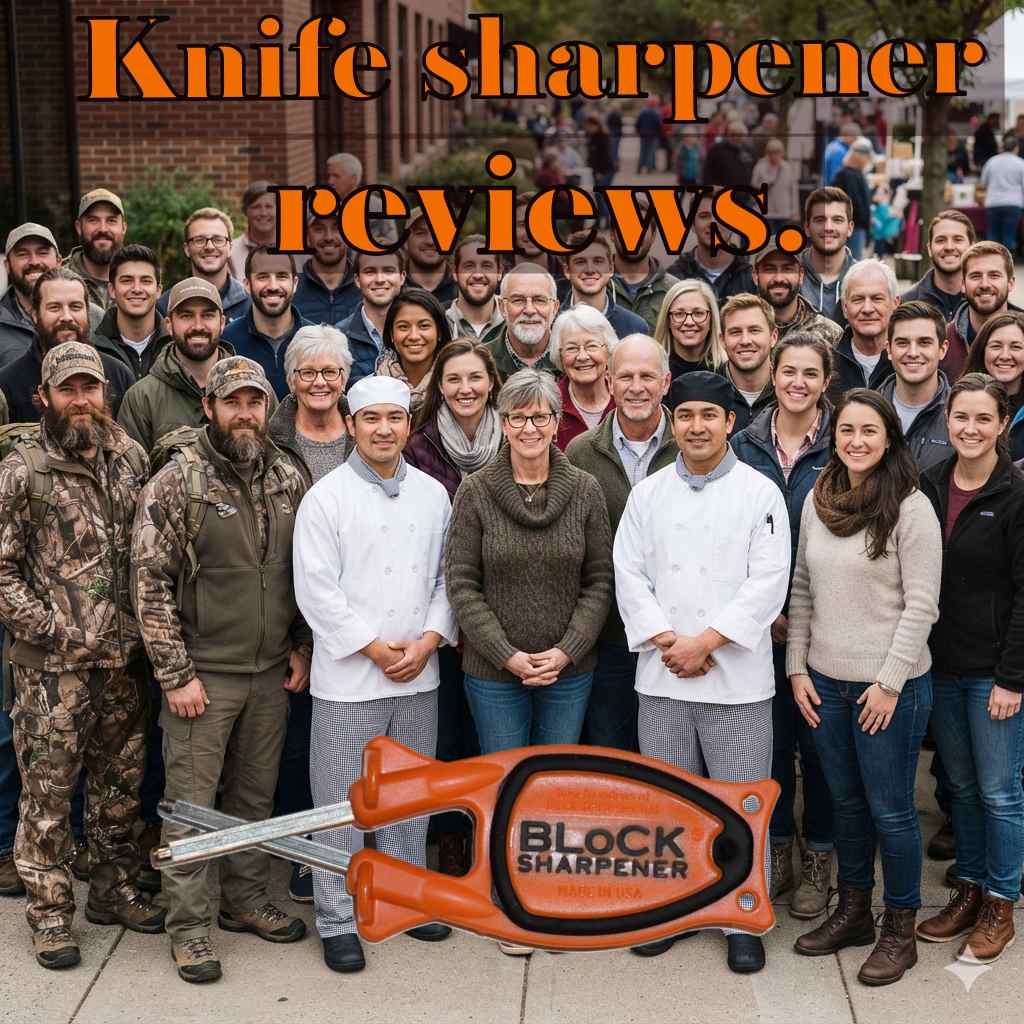 A diverse group of chefs, hunters, and everyday users standing with the Block sharpener."